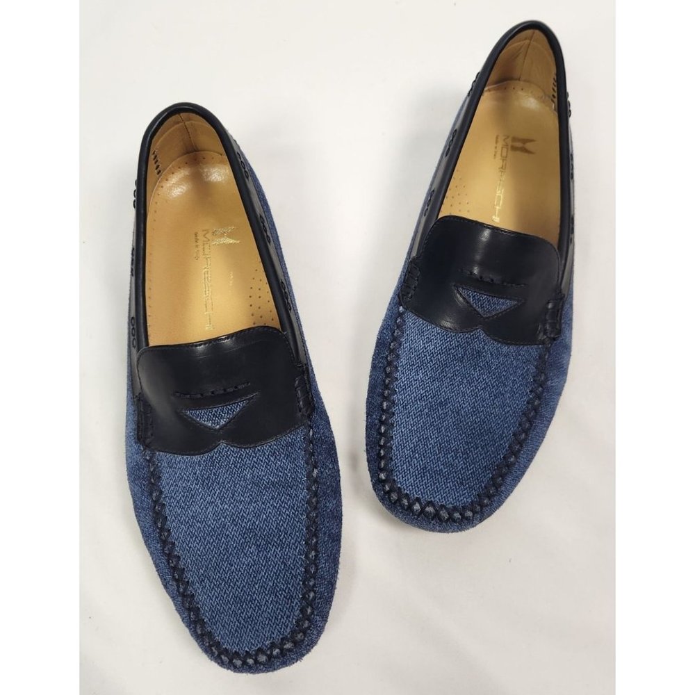 Moreschi Men's Sz. 7.5 Navy Blue Micro Chevron Leather Driver Loafers